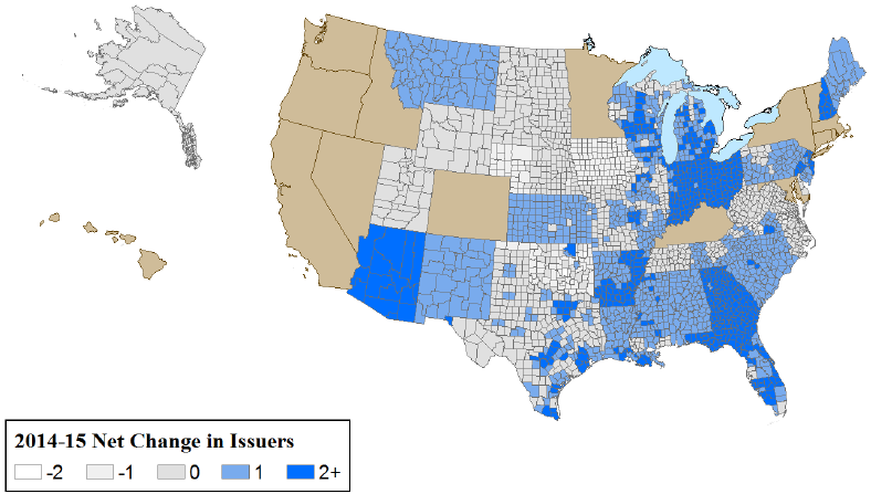 Figure 1 – Many counties experienced net increases in issuers