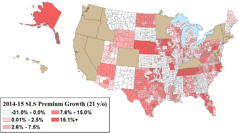 Figure 2. Most counties experienced low to negative growth in second lowest cost silver plan premiums