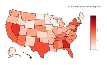 EXHIBIT 1b, State Map:  Exhibits 1a-1c provide 3 heat maps of the United States, including all 50 states, that indicate the percent of Medicare FFS beneficiaries with a billed ACP claim in each state in 2016, 2017, and the first 3 quarters of 2018. A heat map is a graphical representation of data where different shades of color represent different values. Each of these heat maps include a legend that indicates a range of values for the percentage of beneficiaries receiving ACP, along with the corresponding color range the values are represented with. States with lower percentages of beneficiaries receiving ACP are indicated with a lighter shade of red, while states with a higher percentage are indicated with a darker shade of red.  The percent of beneficiaries with a billed ACP claim in 2016 is lower than in 2017 and the first 3 quarters of 2018 across all states. Overall across all 3 maps, there is a greater percent of beneficiaries with a billed ACP claim among states on the East and West Coast, and a smaller percent of beneficiaries with a billed ACP claim among states in the Mid-West. This exhibit also includes a table of the 5 states with the highest percent of FFS beneficiaries with a billed ACP claim and the 5 states with the lowest percent of FFS beneficiaries with a billed ACP claim in each year. In 2017, the 5 states with the greatest percent of beneficiaries with a billed ACP claim were Hawaii with 7.77%, Georgia with 5.1%, Nevada with 4.65%, New Jersey with 4.54%, and Texas with 4.1%. In 2017, the 5 states with the lowest percent of beneficiaries with a billed ACP claim were North Dakota with 0.22%, Wisconsin with 0.39%, Vermont with 0.44%, Minnesota with 0.47%, and Wyoming with 0.59%.
