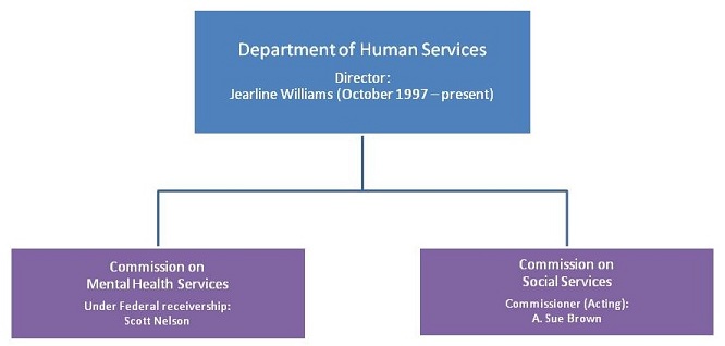 Organizational Chart: Department of Human Services, Director: Jearline Williams (October 1997 - present). Agencies are Commission on Mental Health Services, Under Federal receivership: Scott Nelson; and Commission on Social Services, Commissioner (Acting): A. Sue Brown.
