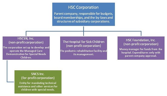 Organization Chart: HSC Corporation -- Parent company, responsible for budgets, board memberships, and the by-laws and structures of subsidiary corporations. Sublevel: HSCSN, Inc. (non-profit corporation) -- The corporation set up to develop and operate the Managed Care Demonstration for Special Needs Children. Also on sublevel: The Hospital for Sick Children (non-profit corporation) -- The pediatric rehabilitation facility and its management. Also on sublevel: HSC Foundation, Inc. (non-profit corporation) -- Money manager for funds from the hospital. Expenditures only with parent company approval. Sublevel of HSCSN, Inc.: SNCS Inc. (for-profit corporation) -- Entity for mandating technical assistance and other services for children with special needs.