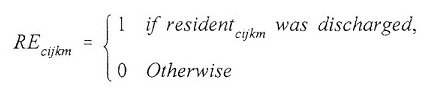 Equation: RE(subscript cijkm) = 1 if resident(subscript cijkm) was discharged, 0 otherwise.