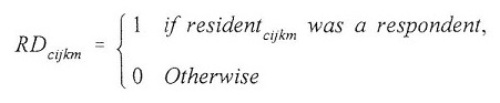 Equation: RD(subscript cijkm) = 1 if resident(subscript cijkm) was a respondent, 0 otherwise.
