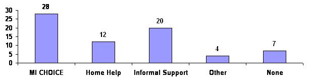 Bar Chart: MI CHOICE (28); Home Help (12); Informal Support (20); Other (4); None (7).