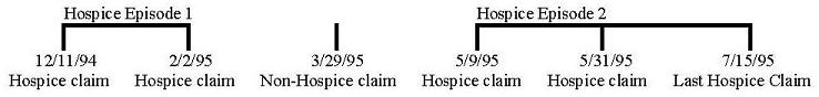 Timeline: Hospice Episode I 12/11/94 (Hospice claim) to 2/2/95 (Hospice claim), 3/29/95 (Non-Hospice claim), Hospice Episode 2 5/9/95 (Hospice claim) to 5/31/95 (Hospice claim) to 7/15/95 (Last Hospice Claim).
