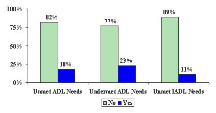 Bar Chart: Unmet ADL Needs -- No (82%), and Yes (18%). Undermet ADL Needs -- No (77%), and Yes (23%). Unmet IADL Needs -- No (89%), and Yes (11%).