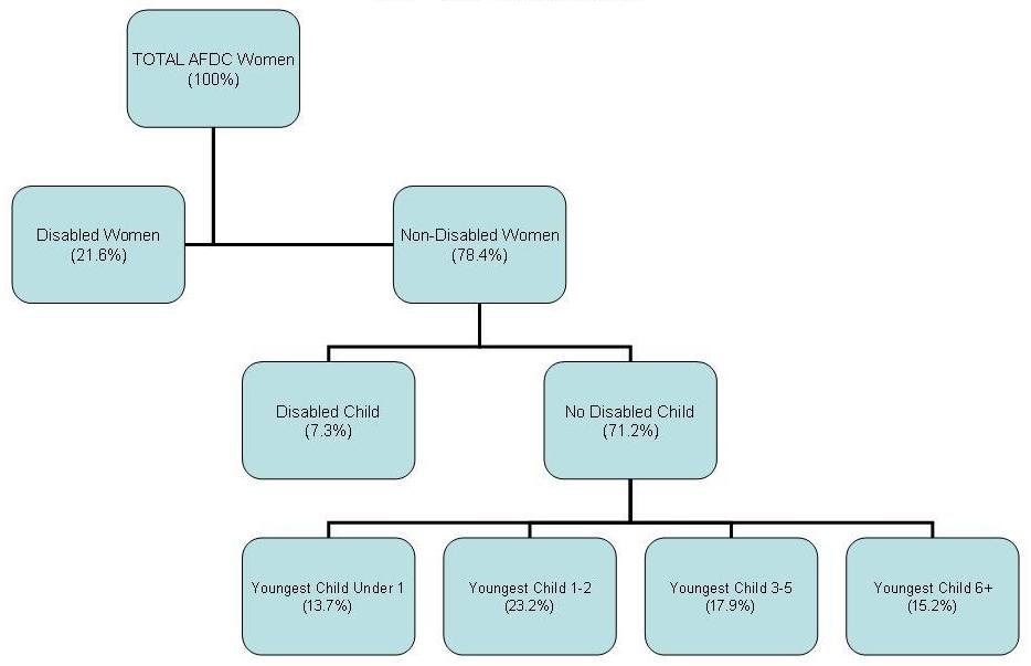 Total AFDC Women, leads to Disabled Women & Non-Disabled Women. Non-Disabled Women leads to Disabled Child & No Disabled Child.  No Disabled Child leads to Youngest Child >1%, Youngest Child 1-2, Youngest Child 3-5 & Youngest Child 6+