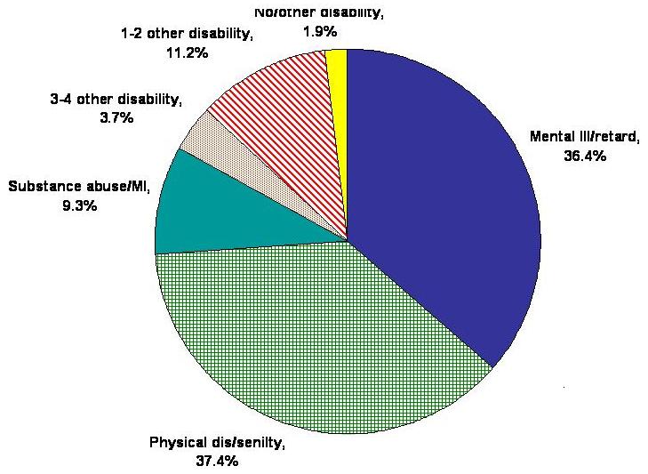 Pie Chart: Mental Ill/Retard: 36.4%; Physical Dis/Senilty: 37.4%; Substance Abuse/MI: 9.3%; 3-4 Other Disability: 3.7%; 1-2 Other Disability: 11.2%; No/Other Disability: 1.9%.
