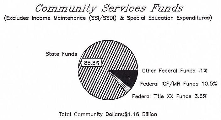 Pie Chart of Community Services Funds: State Funds (85.8%), Other Federal Funds (0.1%), Federal ICF/MR Funds (10.5%), Federal Title XX Funds (3.6%).