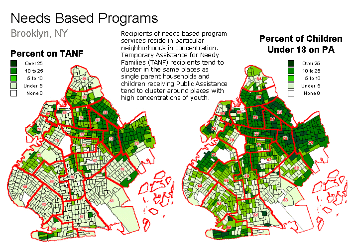 Needs Based Programs, Brooklyn, NY, Percent on TANF and Percent Children Under 18 on PA.