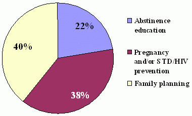 Three slice pie chart shows 22% for Abstinence Education, 38% for Pregnancy and/or STD/HIV prevention, and 40% for Family Planning.