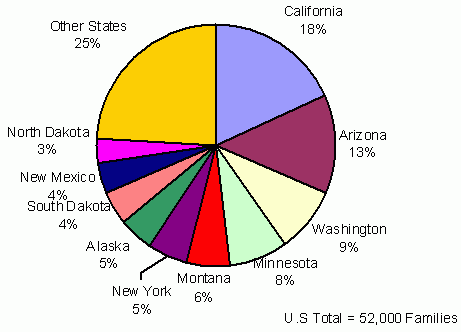 Figure 4. Percent of AI/AN TANF Families (Tribal and State Combined) Residing in Various States (FY 2006 Average Monthly). See text for explanation and data.