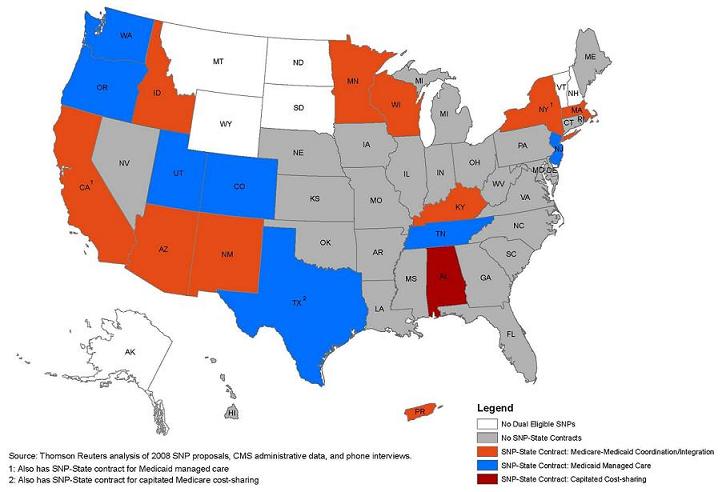 State Map: No Dual Eligible SNPS (AK, MT, ND, NH, SD, VT, WY); No SNP-State Contracts (AR, CT, DE, FL, GA, HI, IA, IL, IN, KS, LA, MD, ME, MI, MO, MS, NC, NE, NV, OH, OK, PA, RI, SC, VA, WV); SNP-State Contract, Medicare-Medicaid Coordination/Integration (AZ, CA, ID, KY, MA, MN, NM, NY, PR, WI); SNP-State Contract, Medicaid Managed Care (CO, NJ, OR, TN, TX, UT, WA); SNP-State Contract, Capitaed Cost-Sharing (AL).