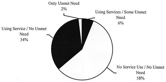 Pie Chart: Using Service/No Unmet Need (34%), Only Unmet Need (2%), Using Services/Some Unmet Need (6%), No Service Use/No Unmet Need (58%).