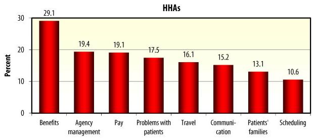 Bar Chart: HHAs -- Benefits (29.1), Agency management (19.4), Pay (19.1), Problems with patients (17.5), Travel (16.1), Communication (15.2), Patients' families (13.1), Scheduling (10.6).