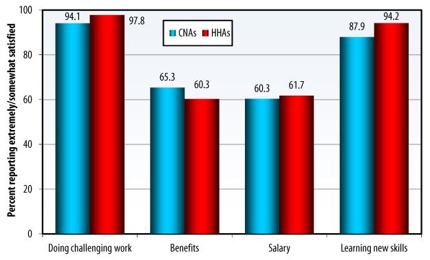 Bar Chart: Doing challenging work -- CNAs (94.1), HHAs (97.8); Benefits -- CNAs (65.3), HHAs (60.3); Salary -- CNAs (60.3), HHAs (61.7); Learning new skills -- CNAs (87.9), HHAs (94.2).