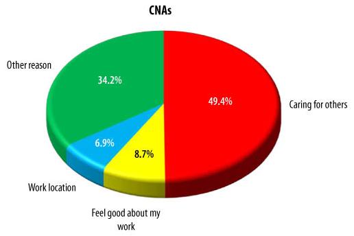 Pie Chart: CNAs -- Caring for others (49.4%), Feel good about my work (8.7%), Work location (6.9%), Other reason (34.2%).