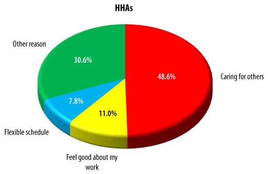 Pie Chart: HAAs -- Caring for others (48.6%), Feel good about my work (11.0%), Flexible schedule (7.8%), Other reason (30.6%).
