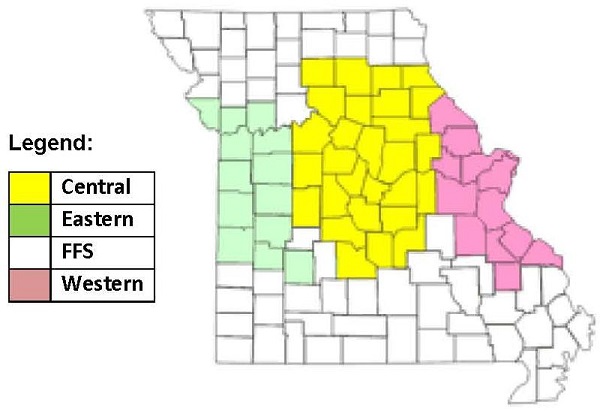 A map of the State of Missouri, broken down into counties and shaded according to the regions Central, Eastern, FFS, and Western.