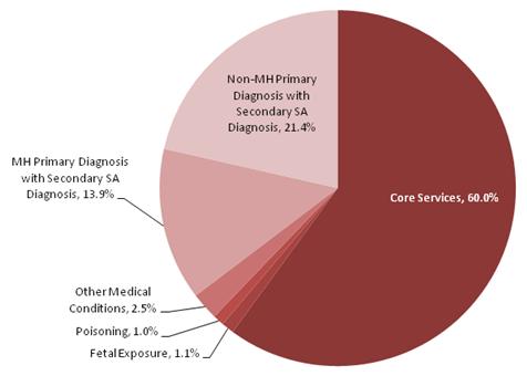 This is a pie chart that displays the percentage of Medicaid enrollees with a SA diagnosis by source of diagnosis. The shares are:  Core services 60.0 percent, fetal exposure 1.1 percent, poisoning 1.0 percent, other medical conditions 2.5 percent, MH primary diagnosis with secondary SA diagnosis 13.9 percent, and non-MH primary diagnosis with secondary SA diagnosis 21.4 percent.