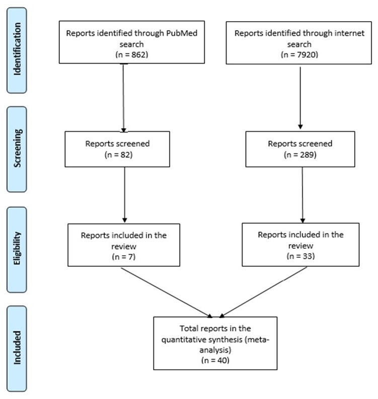FIGURE 1, Flow Diagram with Four Steps and 2 paths: Step 1) Identification - path 1 = Reports identified through PubMed Search (n=862); path 2 = Reports identified through Internet search (n=7920). Step 2) Screening - 82 path 1 reports screened; 289 path 2 reports screened. Step 3) Eligibility - 7 path 1 reports reviewed, 33 path 2 reports reviewed. Step 4) Included - 40 total reports (paths 1 and 2) included in the quantitative synthesis.