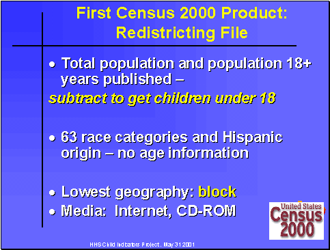 First Census 2000 Product: Redistricting file