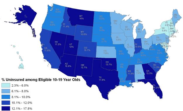 Figure 1: Percentage of Youth Ages 10-19 That Are Eligible Uninsured by State, 2011