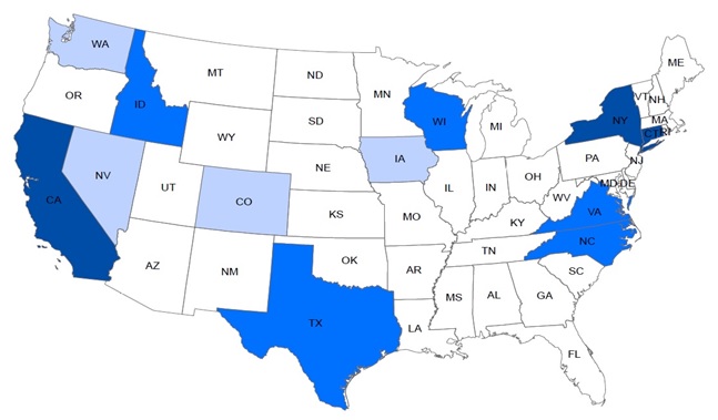 FIGURE 1, State Map: Tier 1--California, Connecticut, New York. Tier 2--Idaho, North Carolina, Texas, Virginia, Wisconsin. Tier 3 -- Colorado, Iowa, Nevada, Washington.