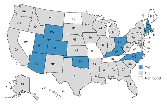 EXHIBIT 12, State Map. This exhibit is a map of the United States showing which states allow an SUD counselor to enroll in the Medicaid plan as a independent provider type. In the following 11 states an SUD counselor is eligible: Arizona, Colorado, Connecticut, Kentucky, Massachusetts, New Hampshire, North Carolina, Ohio, Oklahoma, Utah, and Wyoming. In the following 8 states we could not determine SUD counselors’ edibility: Hawaii, Maine, Missouri, Nevada, North Dakota, Tennessee, Vermont, and Virginia. In the remaining 32 states (including D.C.) an SUD counselor is not eligible to enroll as independent provider type. 