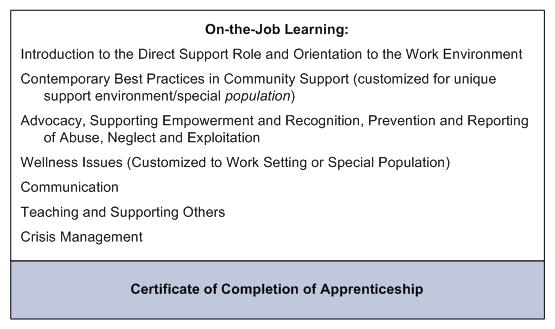 On-the-Job Learning (leads to Certificate of Completion of Apprenticeship): Introduction to the Direct Support Role and Orientation to the Work Environment. Contemporary Best Practices in Community Support (customized for unique support environment/special population). Advocacy, Supporting Empowerment and Recognition, Prevention and Reporting of Abuse, Neglect and Exploitation. Wellness Issues (Customized to Work Setting or Special Population). Communication. Teaching and Supporting Others. Crisis Management.