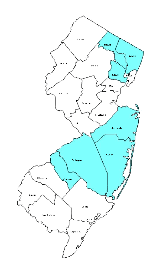Figure 4.1. New Jersey counties participating as evaluation sites (shown in color)