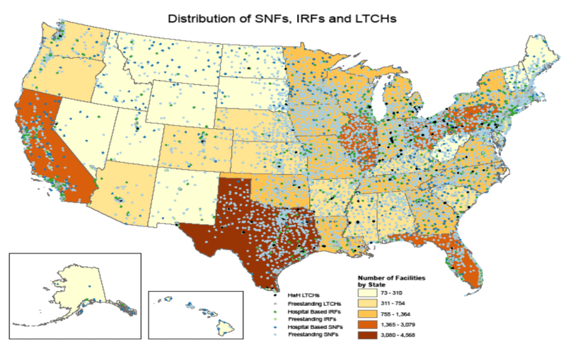 Figure 3-1. Distribution of Freestanding versus Hospital-Based SNFs, IRFs, and Freestanding and HWH LTCHs in 2007