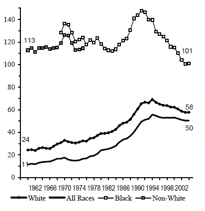 Figure BIRTH 3b. Births per 1,000 Unmarried Teens Ages 18 and 19, by Race: 1960-2004