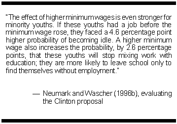 Quote from Neumark and Wascher (1996b) evaluating the Clinton minimum wage proposal that theeffect of the minimum wage is even stronger for minority youths.