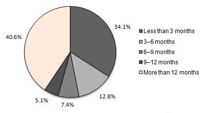 FIGURE II.1, Pie Chart: Less than 3 months (34.1%); 3-6 months (12.8%); 6-9 months (7.4%); 9-12 months (5.1%); More than 12 months (40.6%).