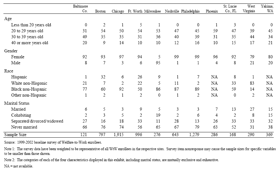 Demographic Characteristics of Welfare-to-Work Enrollees at Program Entry. (Percentages)