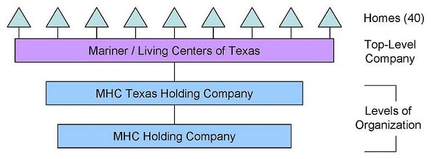 Organizational Chart: Levels of Organization -- MHC Holding Company, leading to MHC Texas Holding Company; Top-Level Company -- Mariner/Living Centers of Texas; Homes (40).