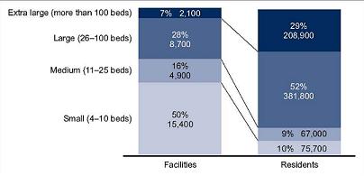 Bar Chart: Facilities -- Small (50%, 15,400); Medium (16%, 4,900); Large (28%, 8,700); Extra large (7%, 2,100). Residents -- Small (10%, 75,700); Medium (9%, 67,000); Large (52%, 381,800); Extra large (29%, 208,900).