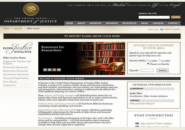 Screen shot of the DoJ Elder Justice Initiative Home Page.