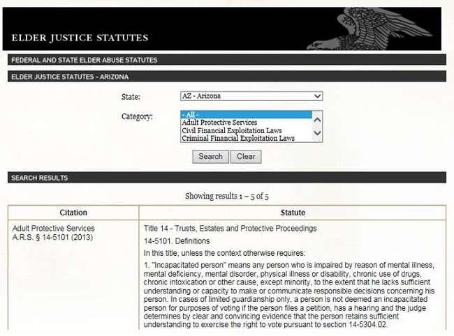 Screen shot of the DoJ Elder Justice Initiative website, Elder Justice Statutes page.