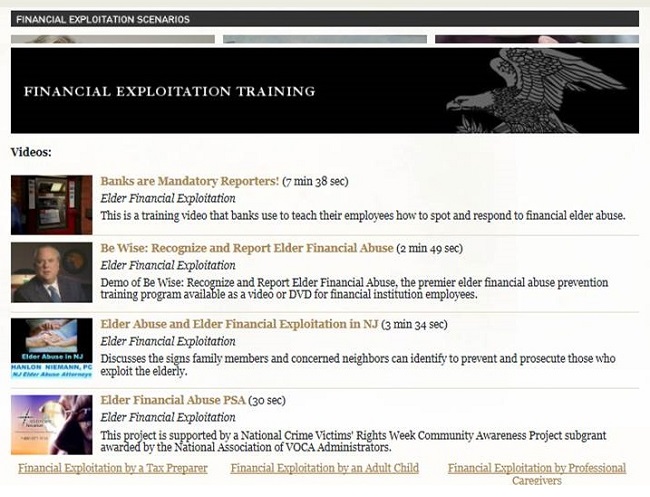 Screen shot of the DoJ Elder Justice Initiative website, Financial Exploitation Training page.