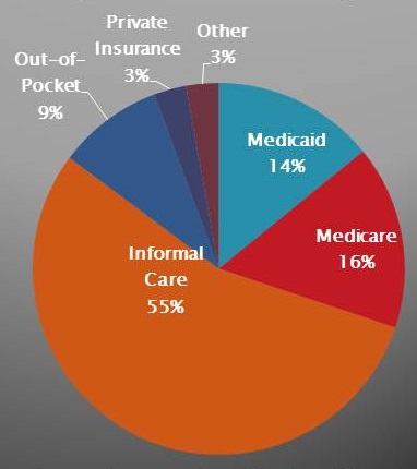 Pie Chart: Informal Care (55%), Medicare (16%), Medicaid (14%), Other (3%), Private Insurance (3%), Out-of-Pocket (9%).