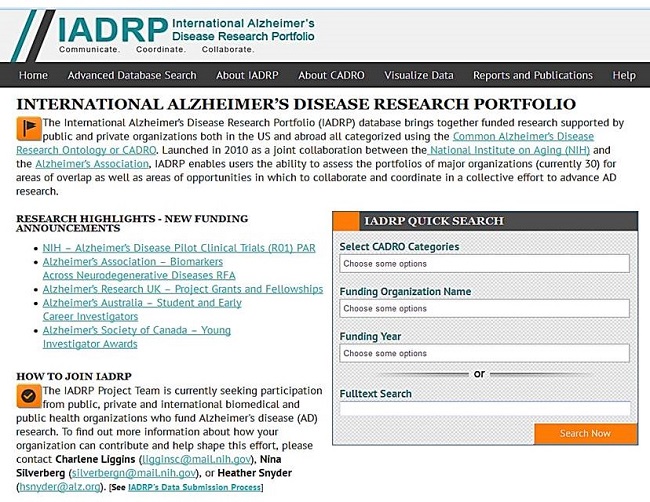 Screen Shot: International Alzheimer's Disease Research Portfolio Home Page. See NOTE for URL.