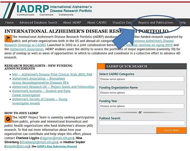 Screen Shot: International Alzheimer's Disease Research Portfolio Home Page. Reports and Publications circled. See NOTE for URL.