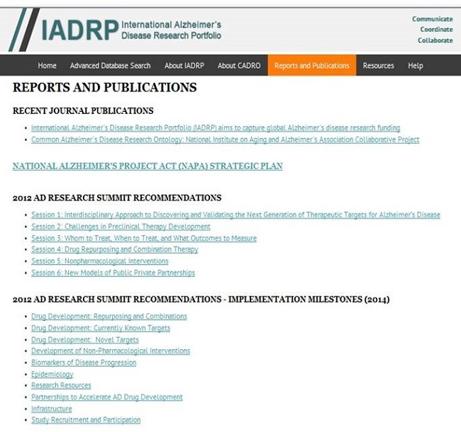 Screen Shot: IADRP Reports and Publications Page. See NOTE for URL.