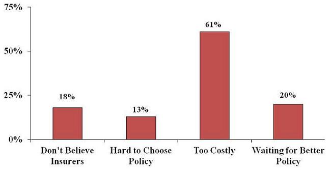 Bar Chart: Don't Believe Insurers (18%); Hard to Choose Policy (13%); Too Costly (61%); Waiting for Better Policy (20%).