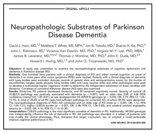 Screen shot of article Neuropathologic Substrates of Parkinson Disease Dementia.