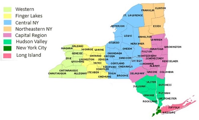 Map of New York that color codes the regions: Western, Finger Lakes, Central, Northeastern, Capital, Hudson Valley, New York City, and Long Island