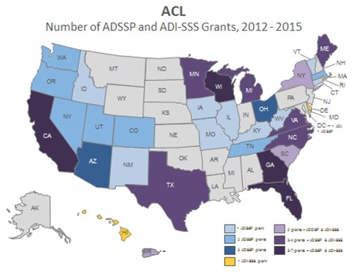 State map showing the number range of ADSSP and ADI-SSS Grants per state