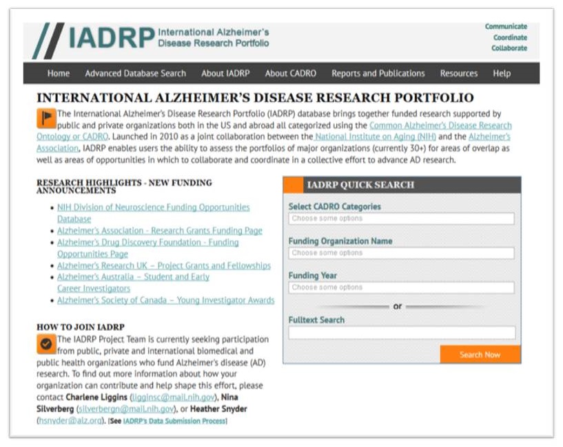 Screen shot of IADRP website home page.